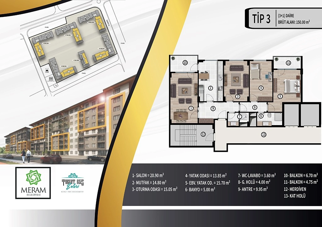 KONYA MERAM TURGUT REİS EVLERİ 3+1 SATILIK HİSSE!