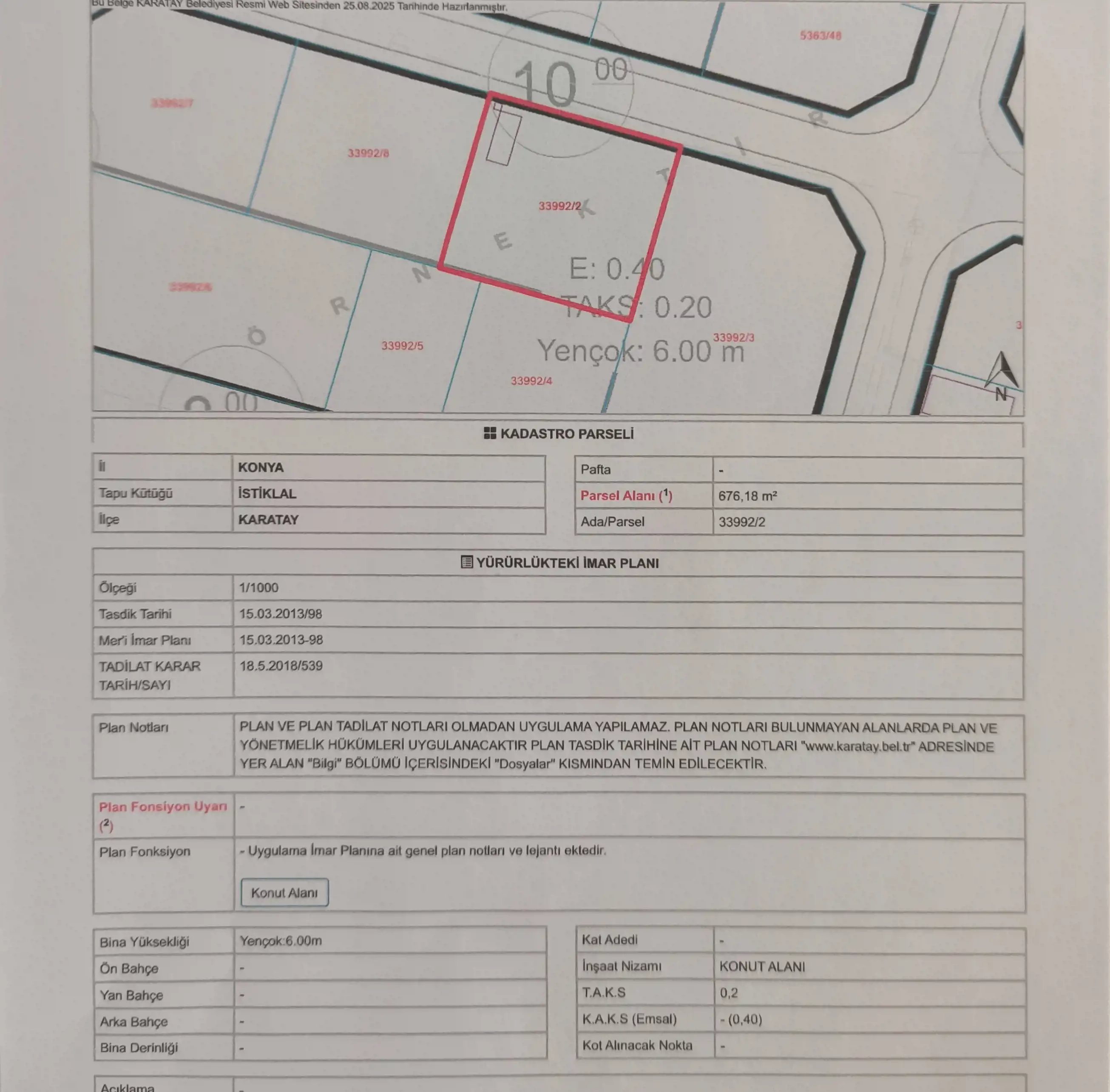 KONYA KARATAY İSTİKLAL MAHALLESİNDE 676 M² İMARLI ARSA!